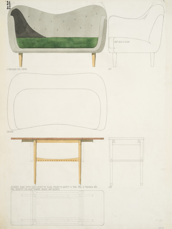 Finn Juhls originale akvarel af 46-sofaen fra 1946. Foto: Pernille Klemp, Designmuseum Danmark.