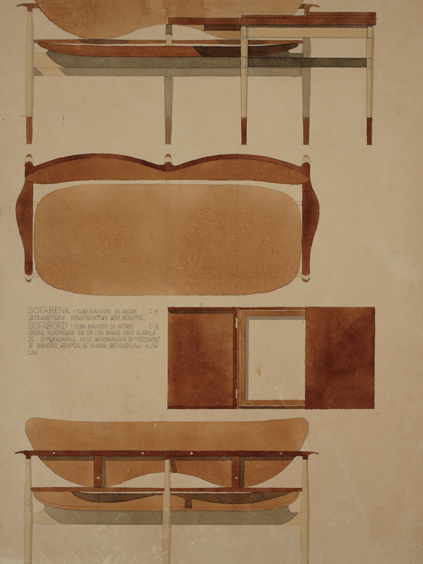 Finn Juhls originale akvareltegning, der forestiller 48-sofabænken fra 1948. Foto: Pernille Klemp, Designmuseum Danmark