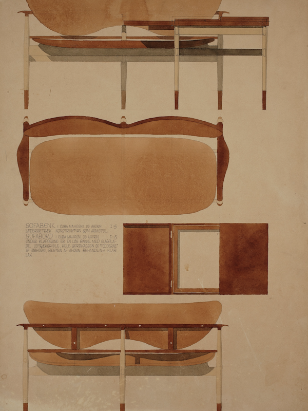 Finn Juhl's originale tegning af 48-sofabænken designet i 1948. Foto: Pernille Klemp, Designmuseum Danmark